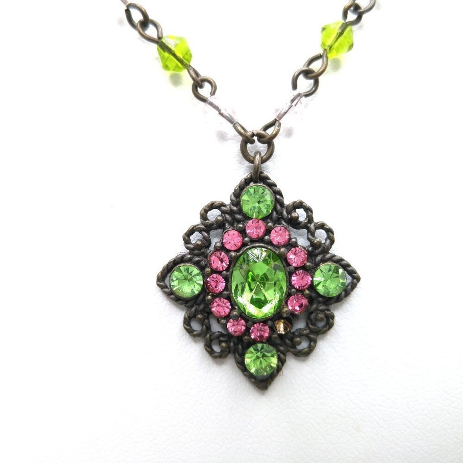 Peridot Green & Pink Rhinestone Pendant Necklace, Crystal Beads On Chain, 15 In
